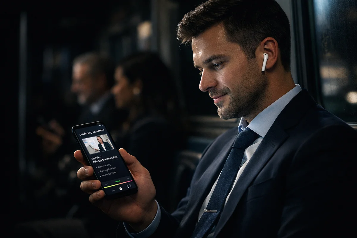 Corporate employee learning through audio during commute