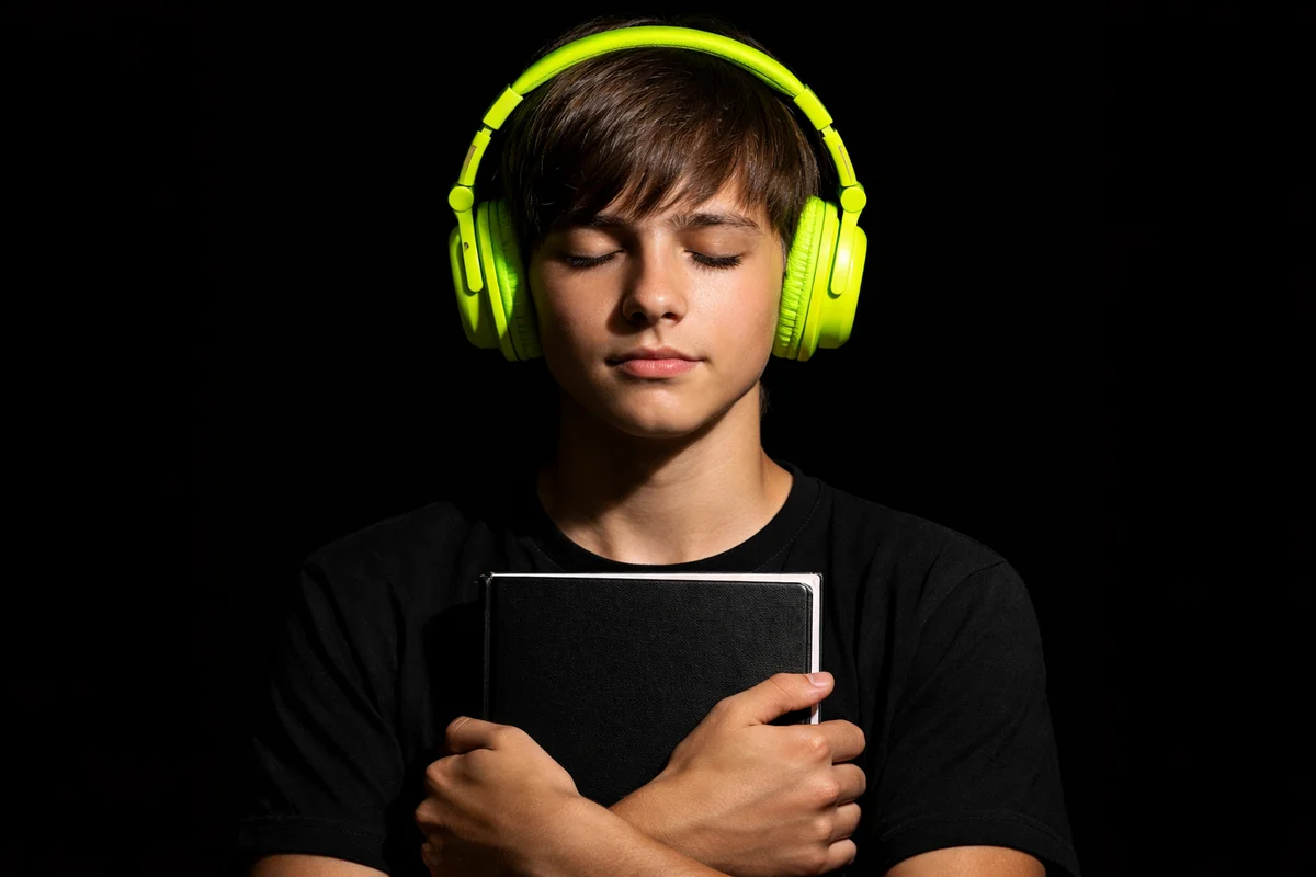 Student listening to educational audio content with headphones