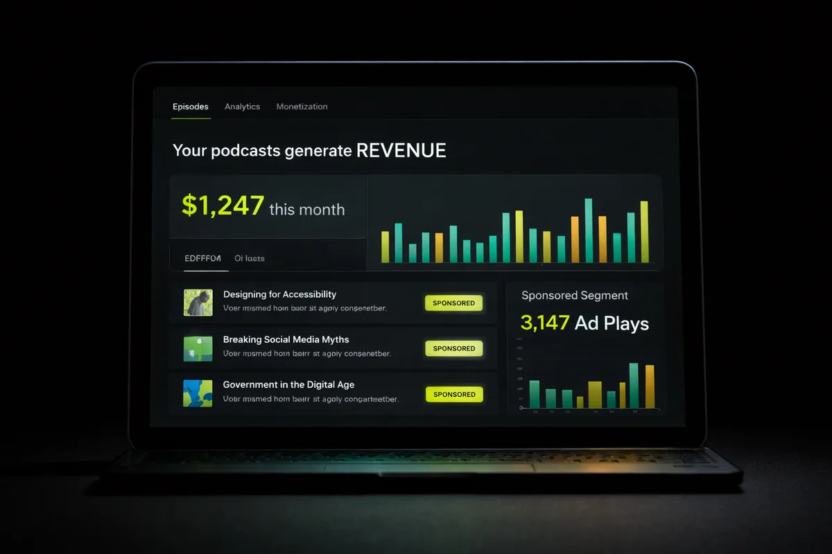 School podcast monetization dashboard showing revenue metrics