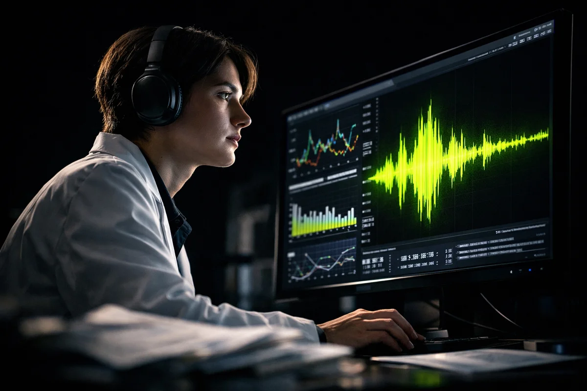 Graduate researcher listening to research audio content